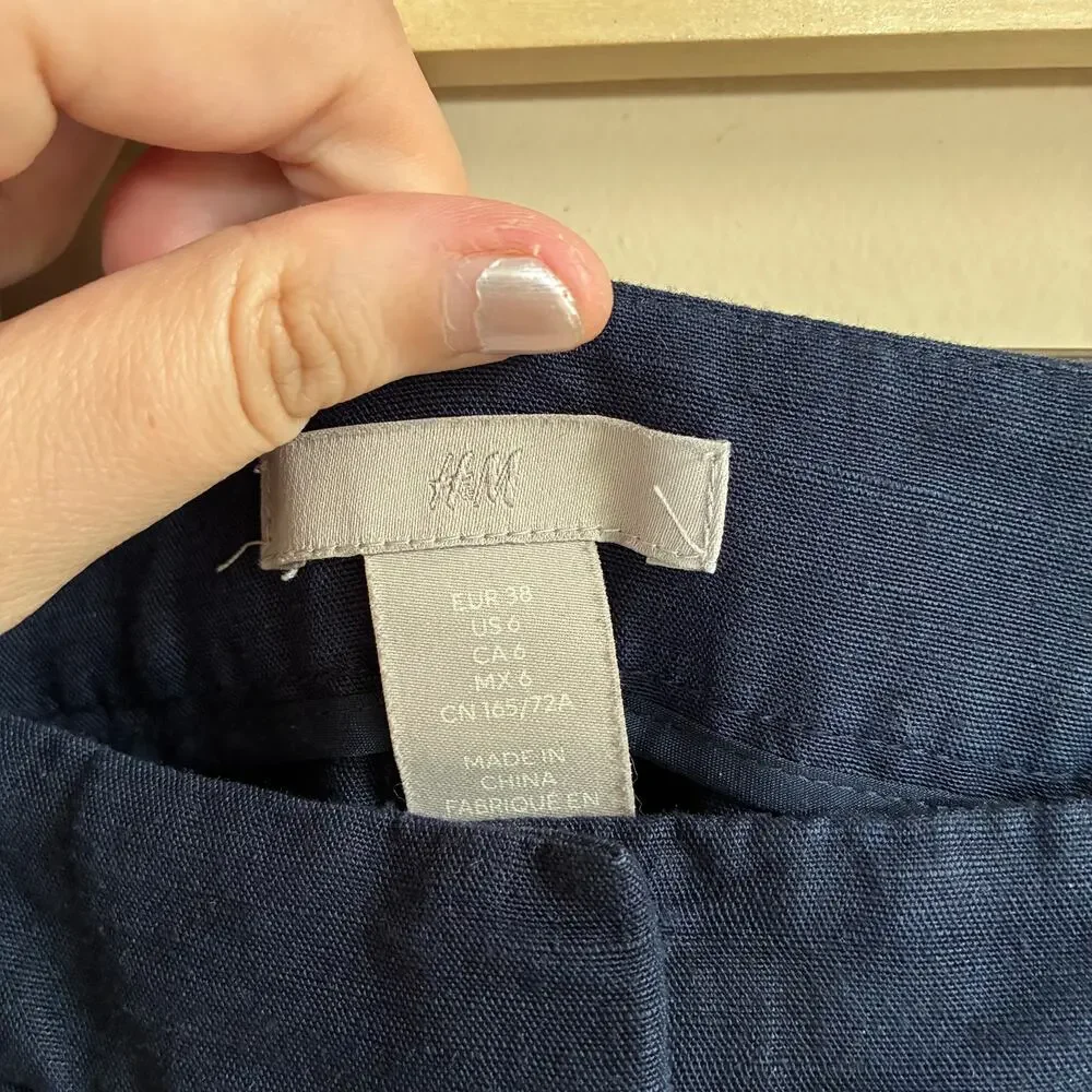 H&M linen blend navy wide leg trousers women's 6 pockets casual missing button